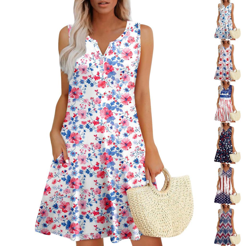 Womens Summer Dresses Loose V Neck Sleeveless Sundresses Dress With Pockets