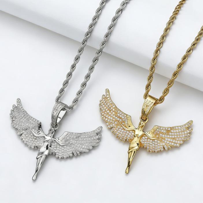 Hip Hop Koperen Set met Zirconia Engelenvleugel Hanger Krokante Ketting Europese en Amerikaanse Modemerk Persoonlijkheid Mannen Ketting