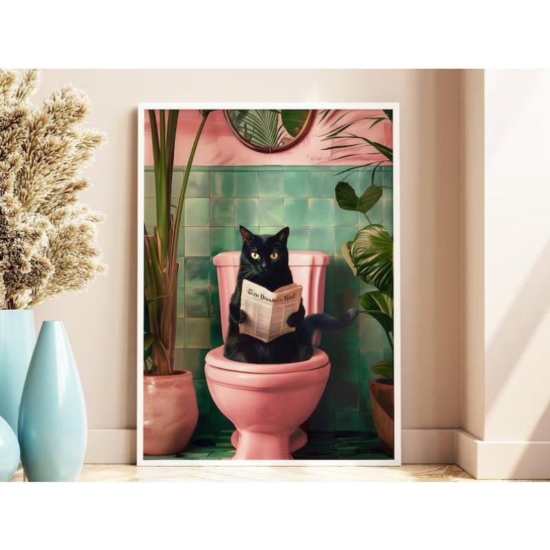Trendy Bathroom Cat Pooping Reading In The Toilet Animal Canvas Painting Wall Art Print Bathroom Home WC Decor