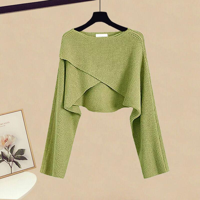 Spring  Autumn Set Women's Korean Fashion Cross Knitted Sweater Age Reducing Sling Dress Two Piece Set