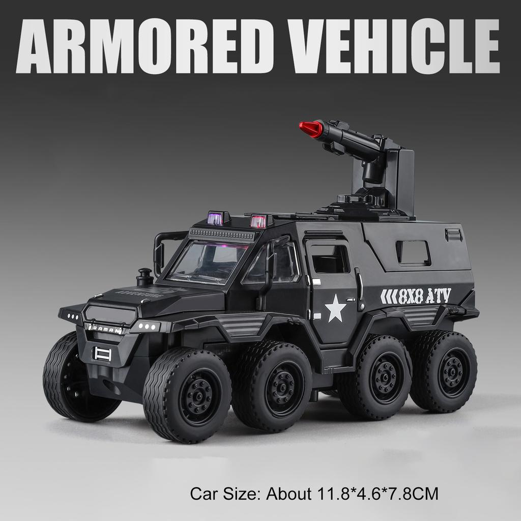 1:36 8-Wheel Conqueror Armored Car Toy Models Metal Diecast Simulation Off-road Cars Pull Back Doors Opened Sound Light Gifts