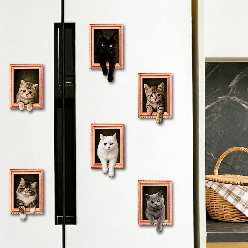 Oil Painting Style Wooden Frame Fridge Magnets 3D Wacky Cat Refrigerator Magnets Home Decoration