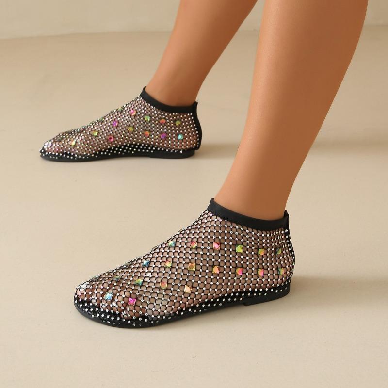Women’s Rhinestone Hollow Slip-On Sandals Elastic Strap Round-Toe Flat Shoes