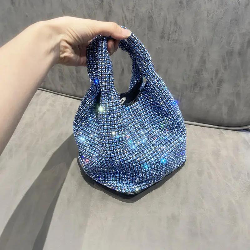 

Handle Rhinestones Evening Clutch Bag Women Purses Handbag Luxury Designer Hobo Shoulder Bag Shiny Diamond Crystal Bucket Bag небесно-голубой