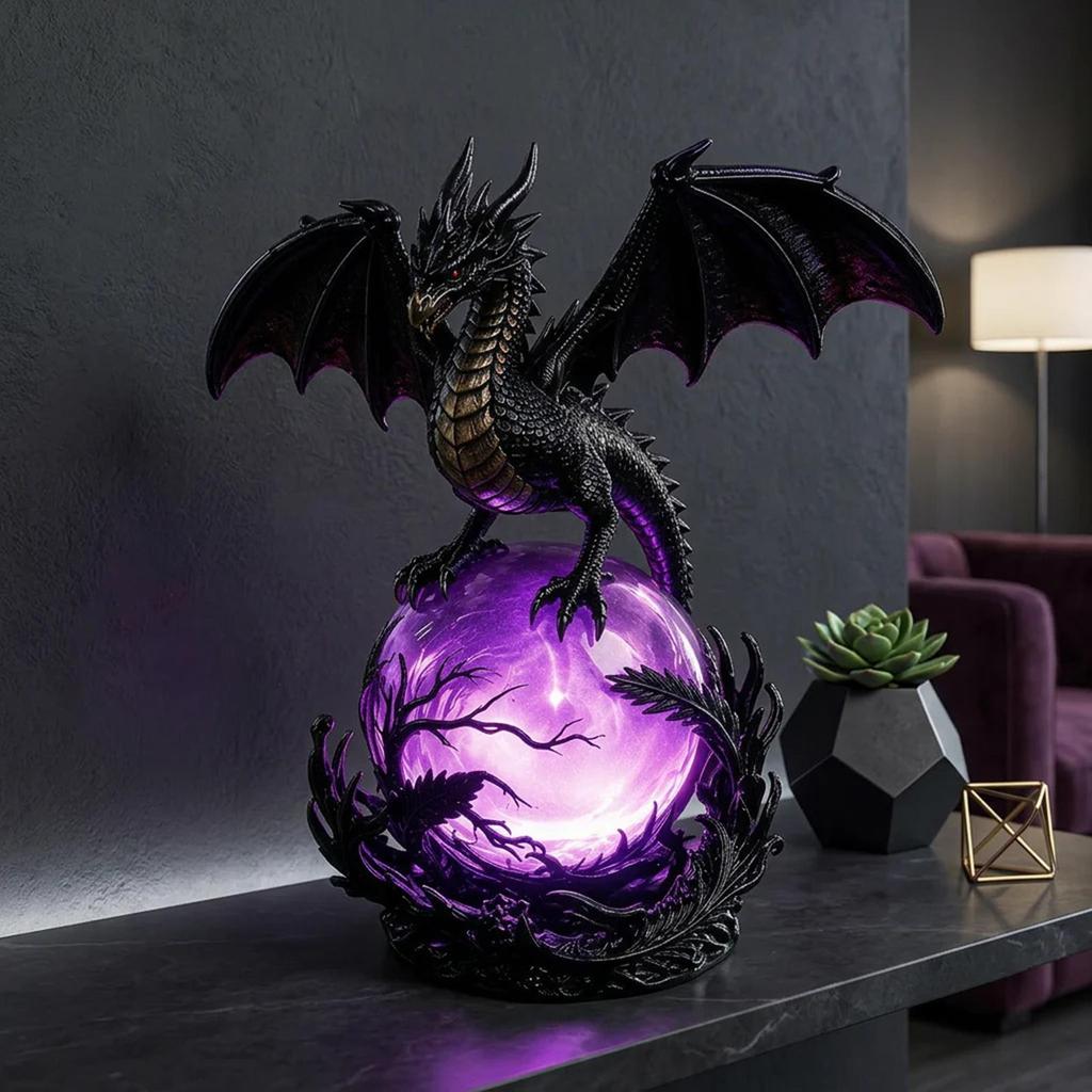 Dragon Figurine Gothic Resin Sculpture with Ball Dragon Statues Figurines for Yard Outside Porch Backyard Halloween Night Home
