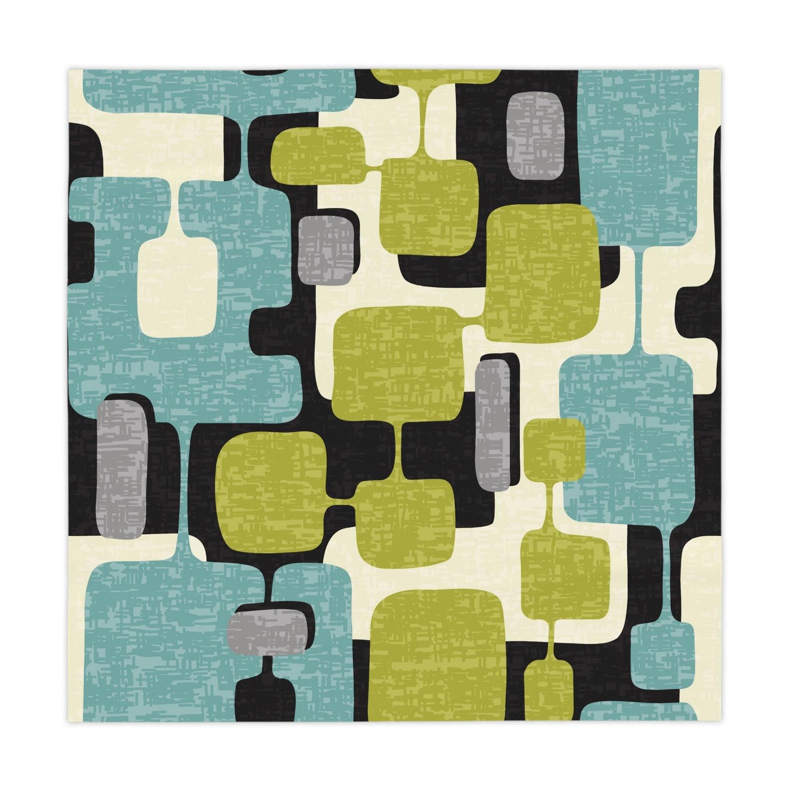 Mid Century Modern Retro Geometric Square Tablecloth - Vintage Style MCM Abstract Kitchen Table Cover 152x152cm