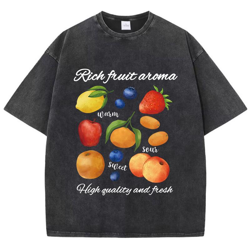 Damen gewaschene T-Shirts Druck mit reichem Fruchtaroma Kurzarm Baumwolle Rundhals Oversize Oberteile Vintage Damenbekleidung