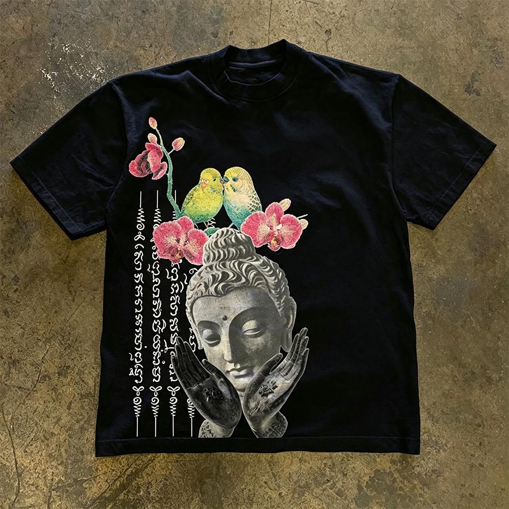 2026 Buddha Says Relax Print Tshirt Tops Unisex Shortsleeved Retro Hip Hop Harajuku Street Y2k Casual Fashion Tops Clothing