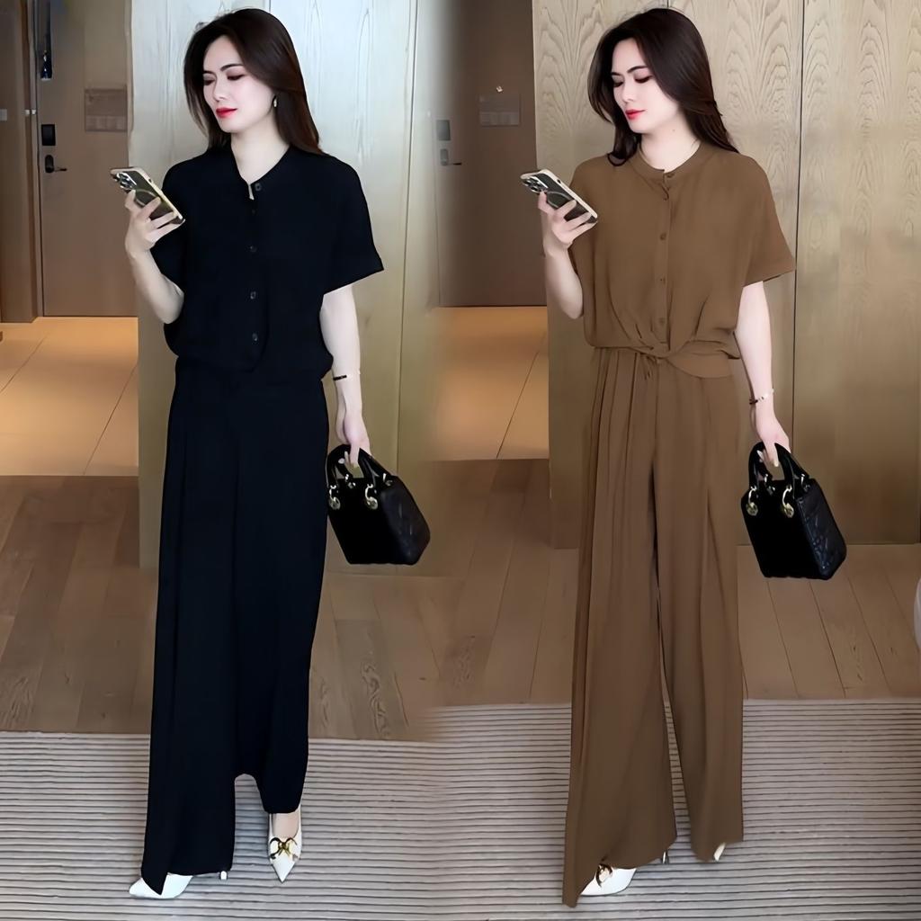 Women Summer 2 Piece Outfit Solid Short Sleeve Blouse Wide Leg Pants Loose Casual Co‑Ord Set