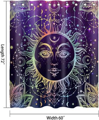 Witchy Sun Moon Shower Curtain, Burning Sun with Star Psychedelic Theme Bath Curtain, Washable Upgrade Polyester Fabric