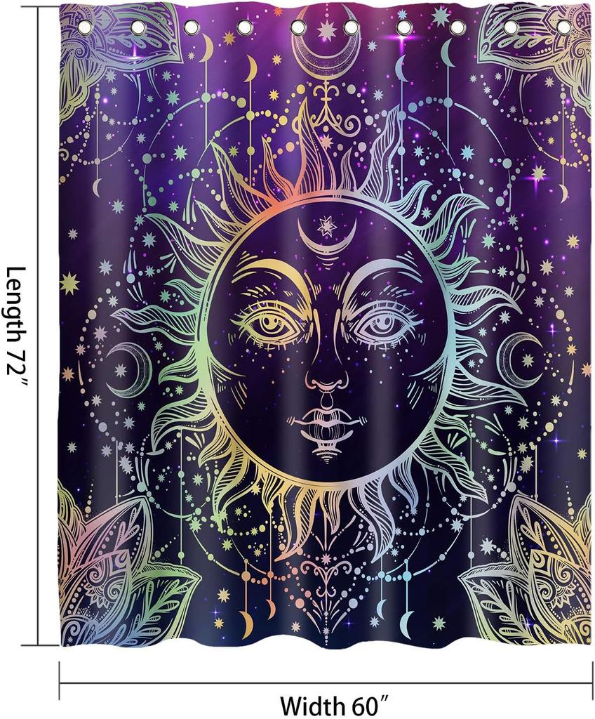 Witchy Sun Moon Shower Curtain, Burning Sun With Star Psychedelic Theme Bath Curtain, Washable Upgrade Polyester Fabric
