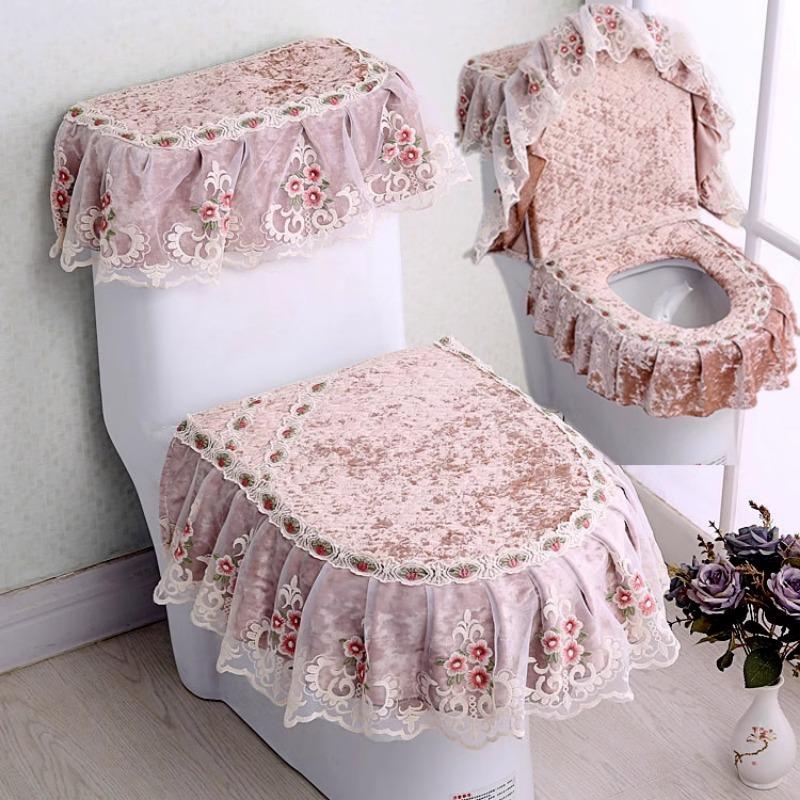 3pcs/Set Lace Embroidery Detachable Toilet Cover Cloth Dustproof Soft Toilet Seat Ring Cushion Home Decoration Toilet Cover