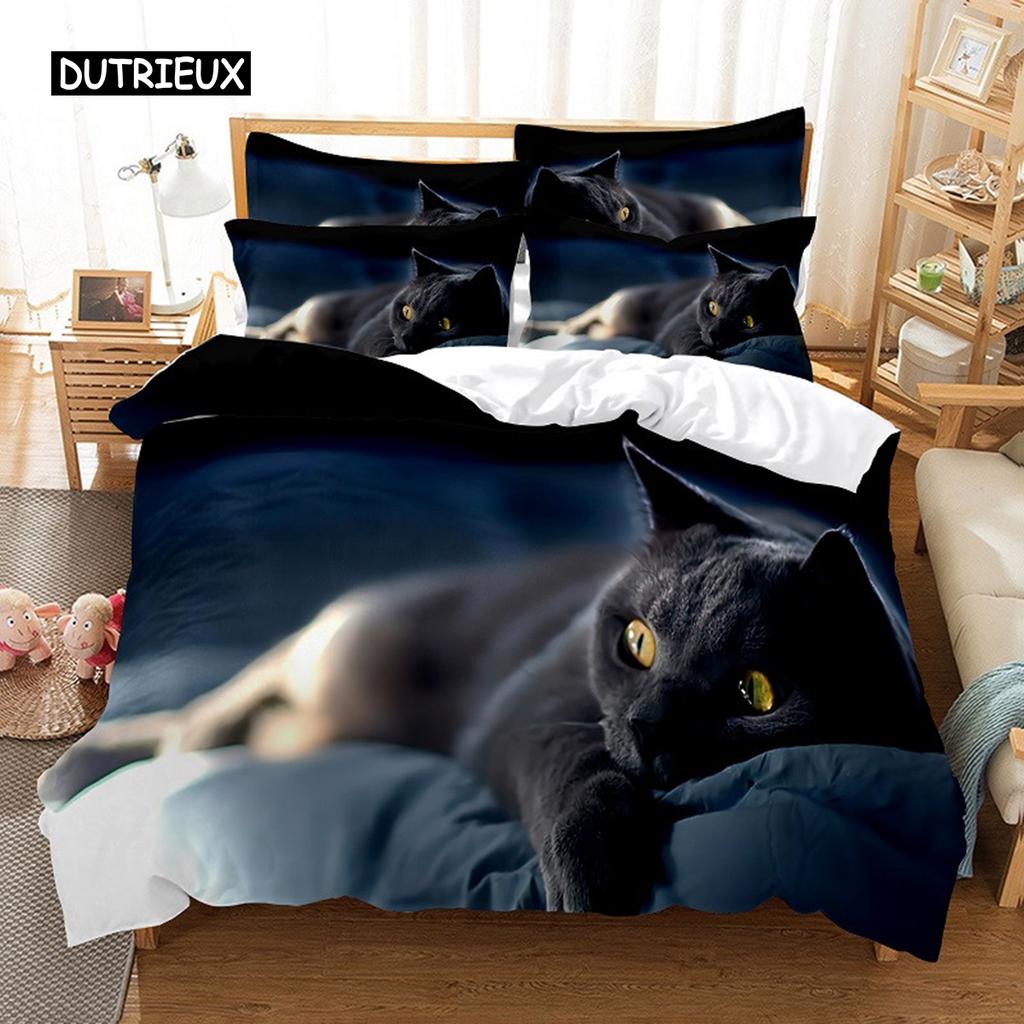 Schwarze Katze Bettwäsche Set Bettbezug Set 3D Bettwäsche Digitaldruck Bettwäsche Queen Size Bettwäsche Set Modisches Design