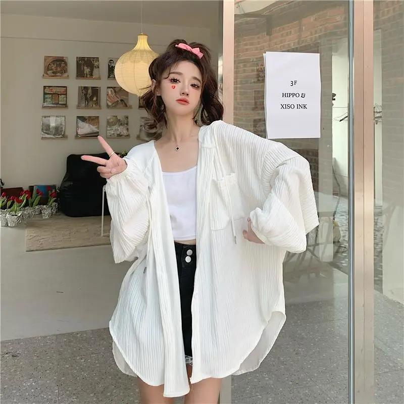 Plus Size White Long Sleeve UV Protection Shirts Women's Summer Loose Hooded Cardigan