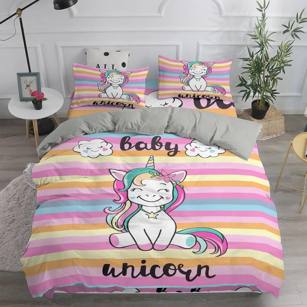 Kinder 3D Niedliches Einhorn Cartoon Bettwäsche Set Twin Einzelgrößen 2/3 Teile Bettwäsche mit Kissenbezug Zuhause Bettbezug 90 Bettwäsche