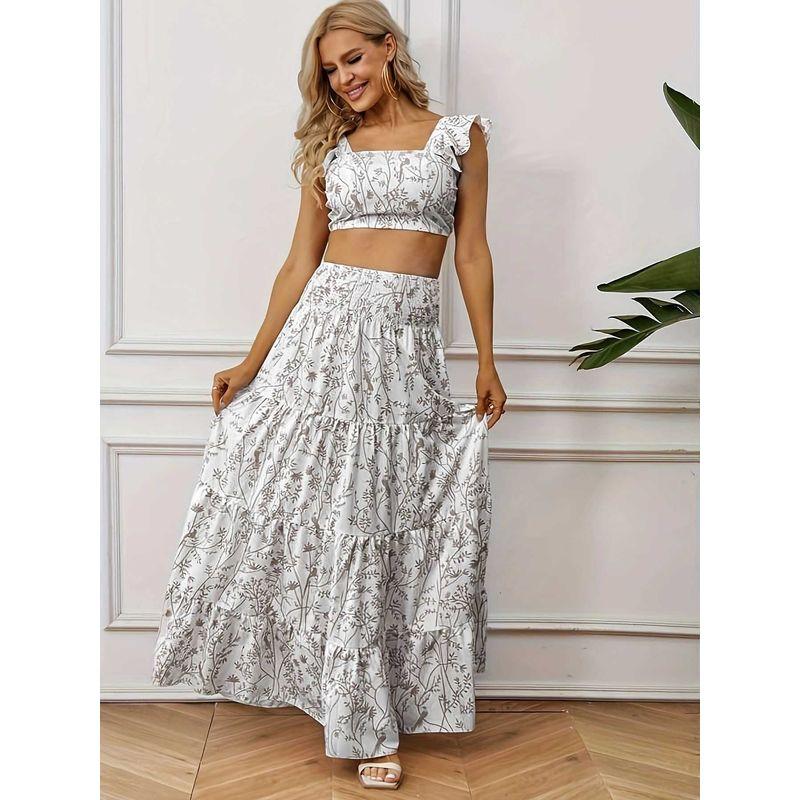 Printed Skirt Set Print Set Skirt Square Collar Short Top Print Skirt Set Women
