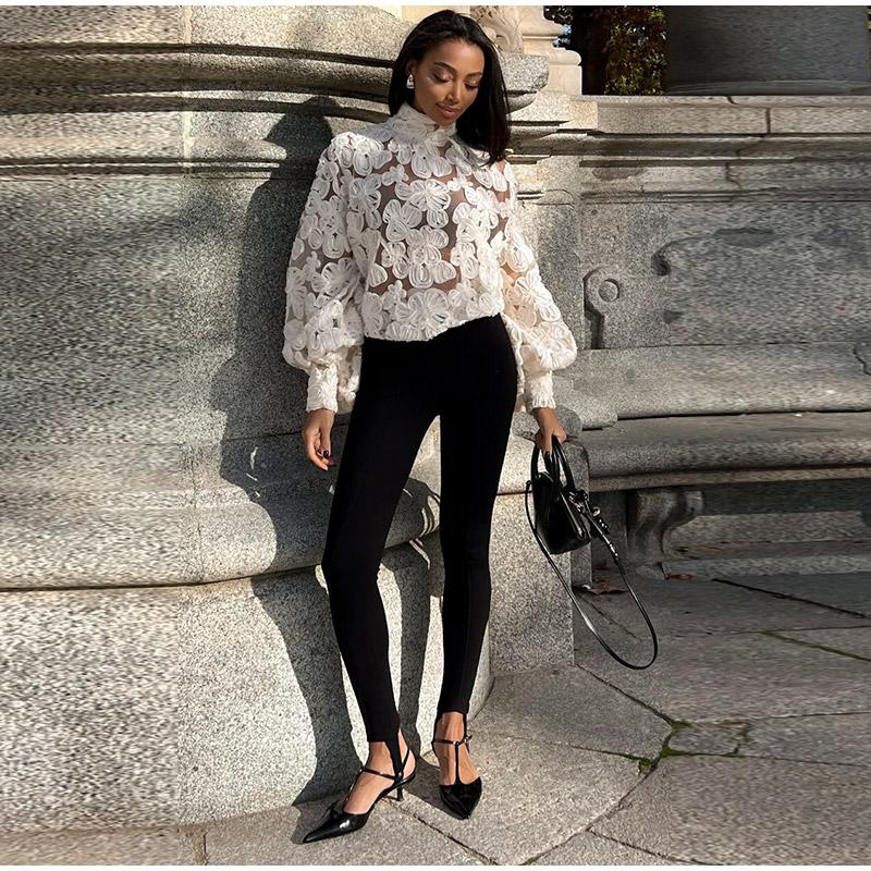 High Neck Stereo Flower Shirt Lace Hollow Out Top Perspective Organza Long Sleeved Trendy French Blouse Smock Women