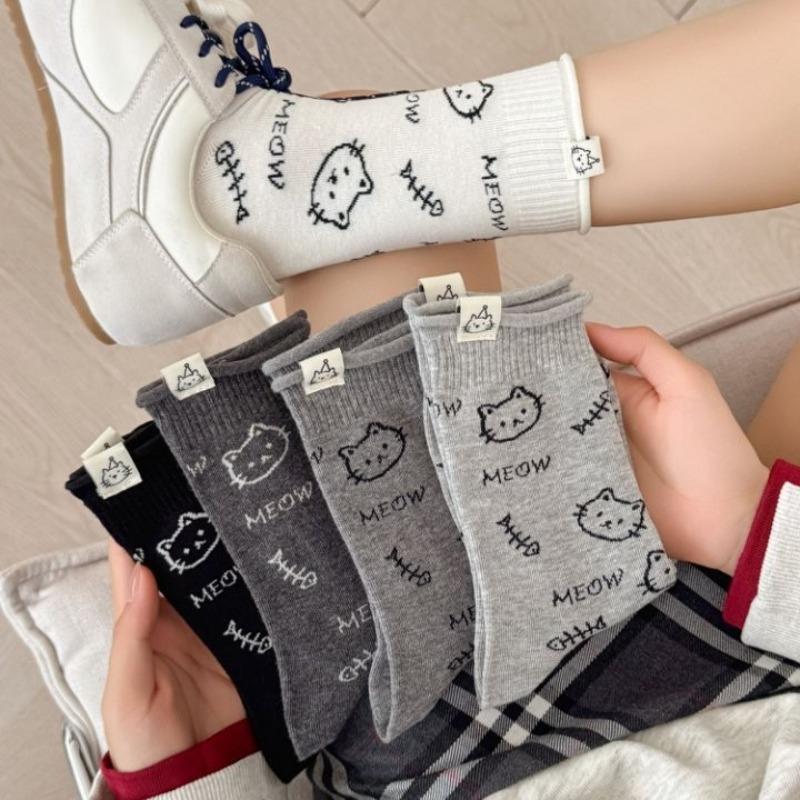 Trendy Socks with English Letters, Cartoon Cuteness, Cats, Fabric Labels, Mid-calf Socks, College Style, and Long Socks