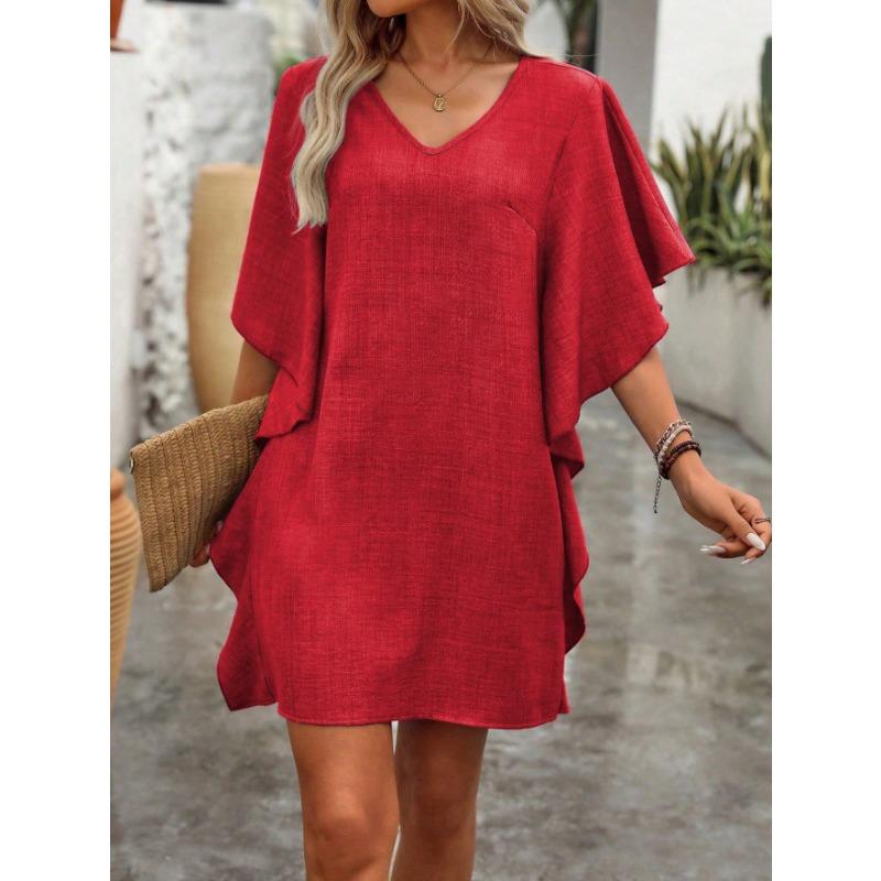 IHUASU Women's Fashion Summer Spring Solid Color Print Sleeveless V-Neck  Casual Dresses