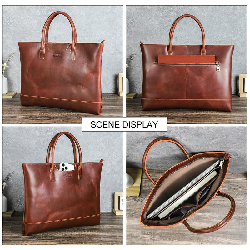 CONTACT'S Genuine Leather Handbag Men Retro Quality Large Capacity Briefcase Male Metal Zipper Daily Office Travel Laptop Bag