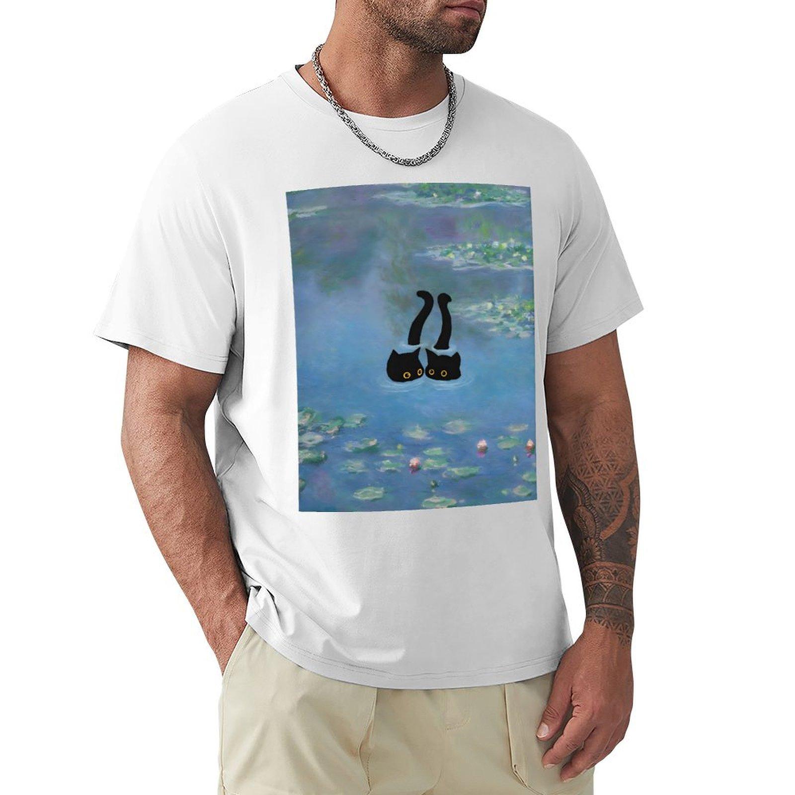 Two Cat Print Monet Waterlily Tshirt Summer Fashion Casual Tee Shirt S