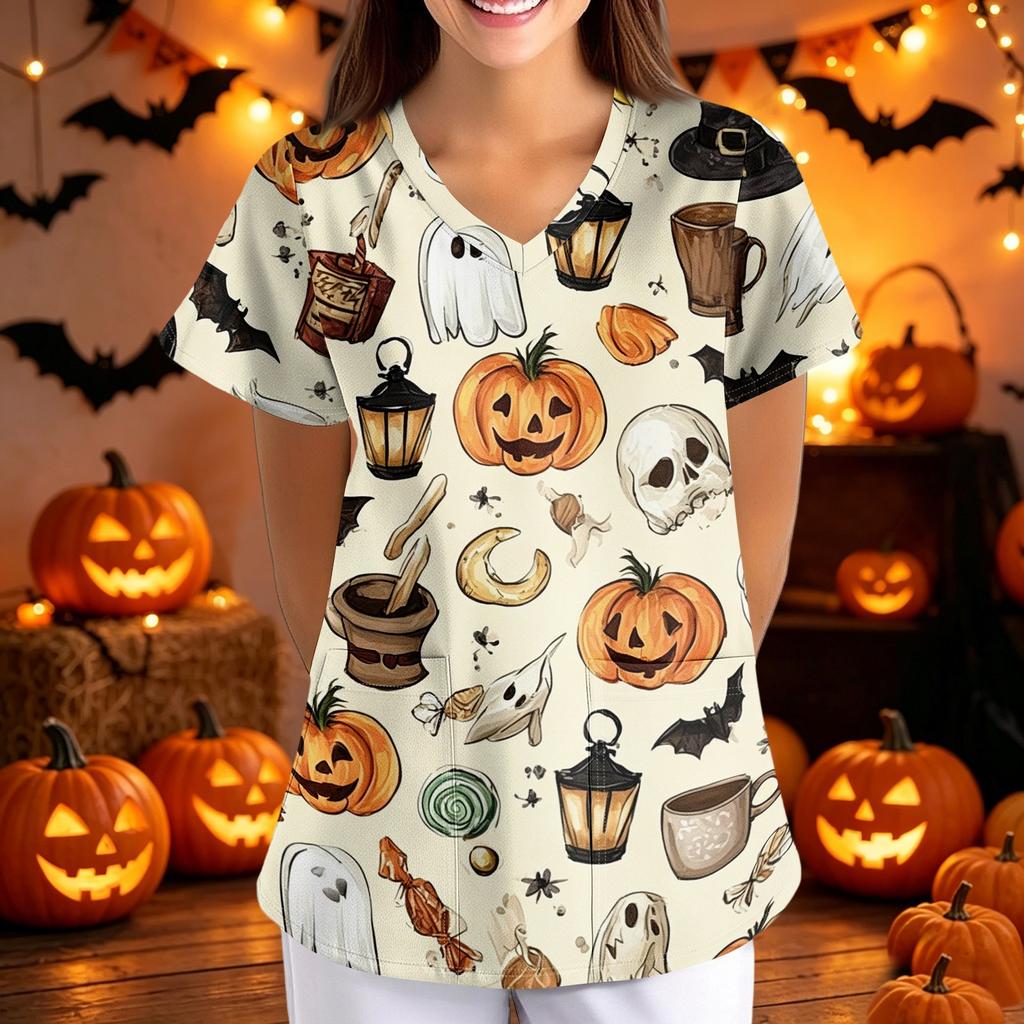 Women Halloween Print Loose V Neck Short Sleeve Medical Scrub Top with Pockets Nurse Uniform Work Shirt for Healthcare Professionals