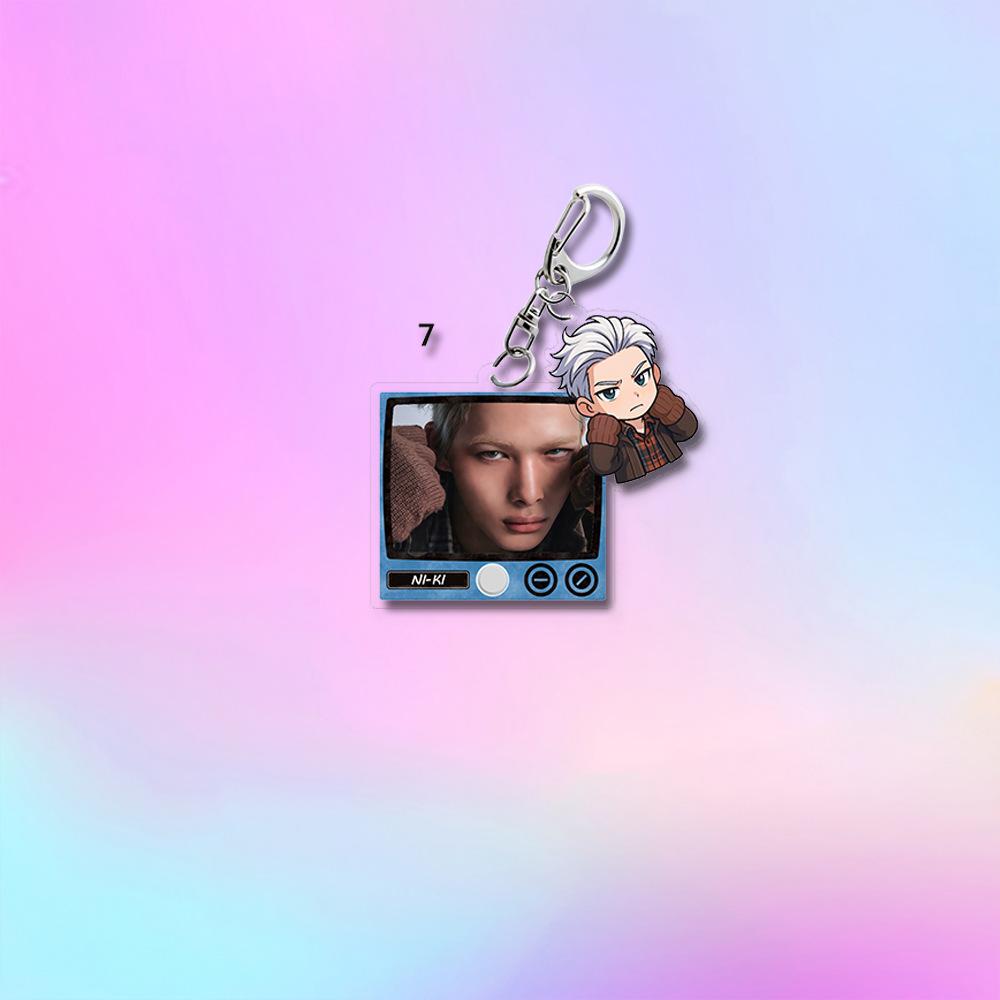 ENHYPEN Retro TV Frame Double Charms Keychain, Member Real Photo+Cowboy Cartoon Pendant, Kpop Engene Fans Collectible Bag Charm Key Ring Merchandise