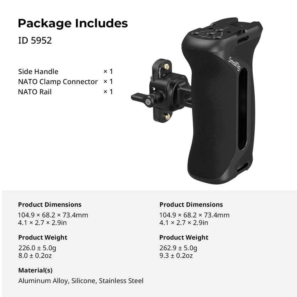 SmallRig Aluminum Camera Side Handle with NATO 36mm Vertical Universal 5952 Clamp, Adjustment,