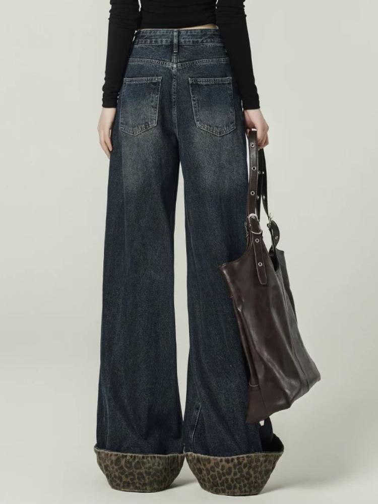 Design Sense Retro Stitching Leopard Print Rolled Jeans Women's Mop Pants Autumn and Winter New Loose Wide-leg Pants Ins