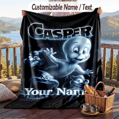 Custom Text Flannel Throw Blanket, Lightweight Cozy Bed Sofa BlanketCasper the Friendly Ghost