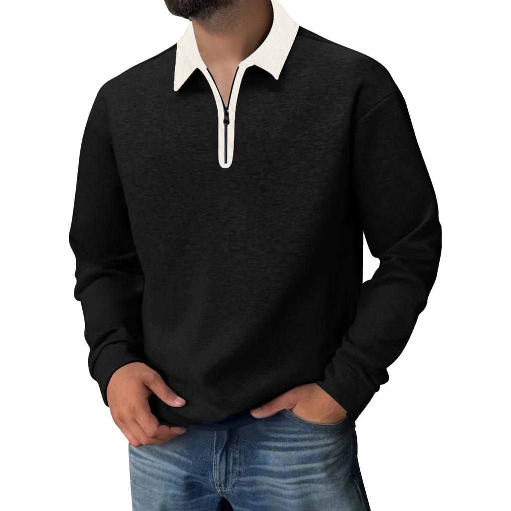 Men's Casual Colorblock V-Neck Zipper Shirt Lapel Long Sleeve Bottom Sweatshirt