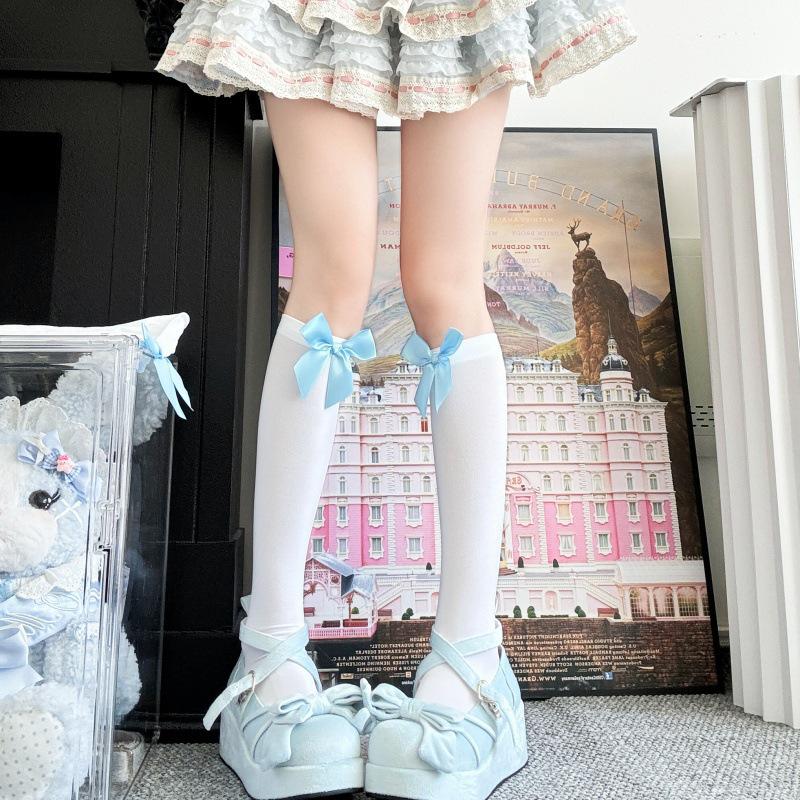 Japanische Blaue Schleife Samt Lolita Over-the-Knee Socken