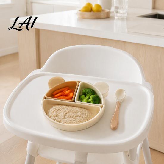 Stay Put Toddler Plate Silicone Suction for Toddlers Cute Bear Detachable Divided Dinner Baby Meal Prep Tray Plate Anti-slip Base Feeding