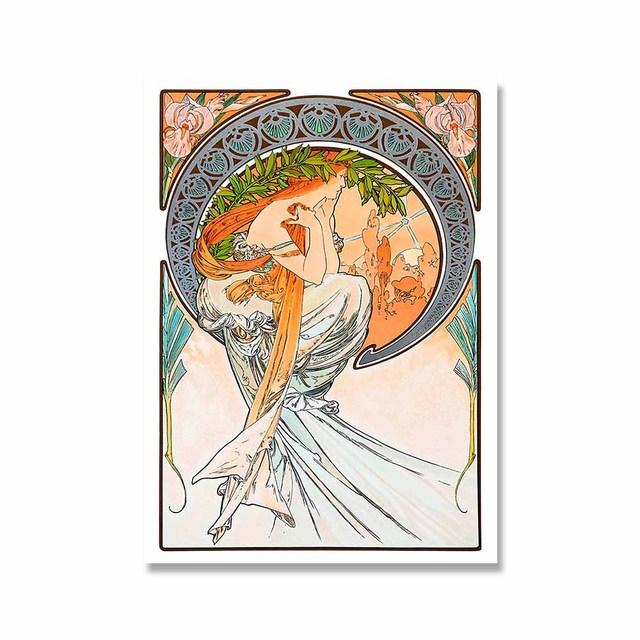 Retro Woman Alphonse Mucha Canvas Painting Nordic Art Poster Abstract Printmaking Museum Exhibition Mural Living Room Home Decor