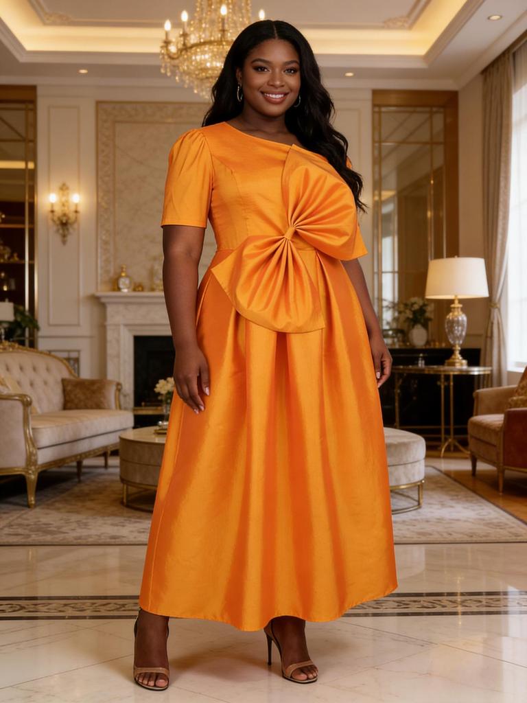Plus Size Women's High-Waisted Bow Midi Party Dress
