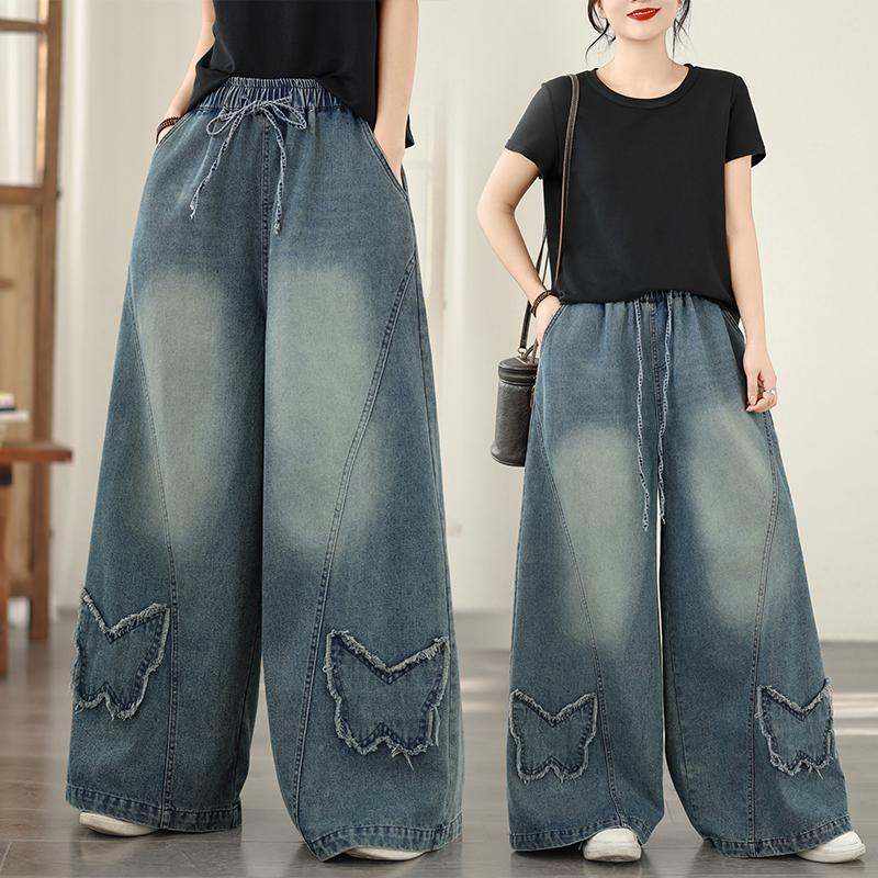 DIMANAF 2026 Summer New Plus Size Women Jeans Elastic Waist Long Pants Loose Casual Denim Cotton Trousers Blue Pants