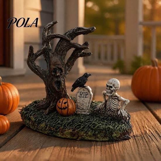 Retro Gothic Home Decor Halloween Garden Ornaments, Spooky Cemetery with Resin Skulls Dead Trees Atmosphere Decorations Pumpkin Raven for Indoor