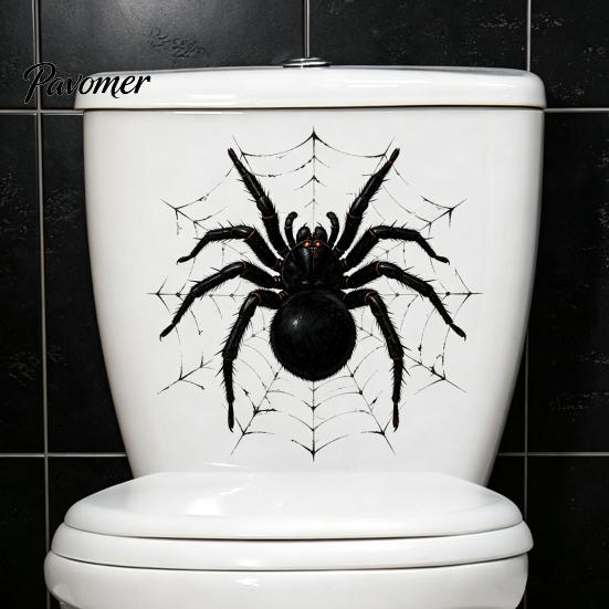 Realistic Spider Pattern Decor Halloween Toilet Cover Sticker, Scary Black Tank Festival Atmosphere Wall Sticker Lid Decal, Self-Adhesive Bathroom for
