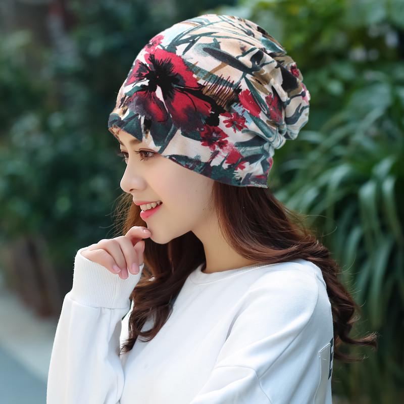 Women Summer Flower Printing Cotton Sunscreen Sun Hat Female Spring Autumn Windproof Warm Multifunctional Bib Cap Headscarf C1