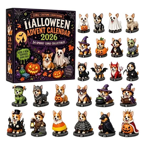 Halloween Advent Calendar Dog Cat Calendar, 24-Day Acrylic Figure Countdown Set Holiday Box with Witch Pumpkin Ghost Outfits, Collectible Desk Display