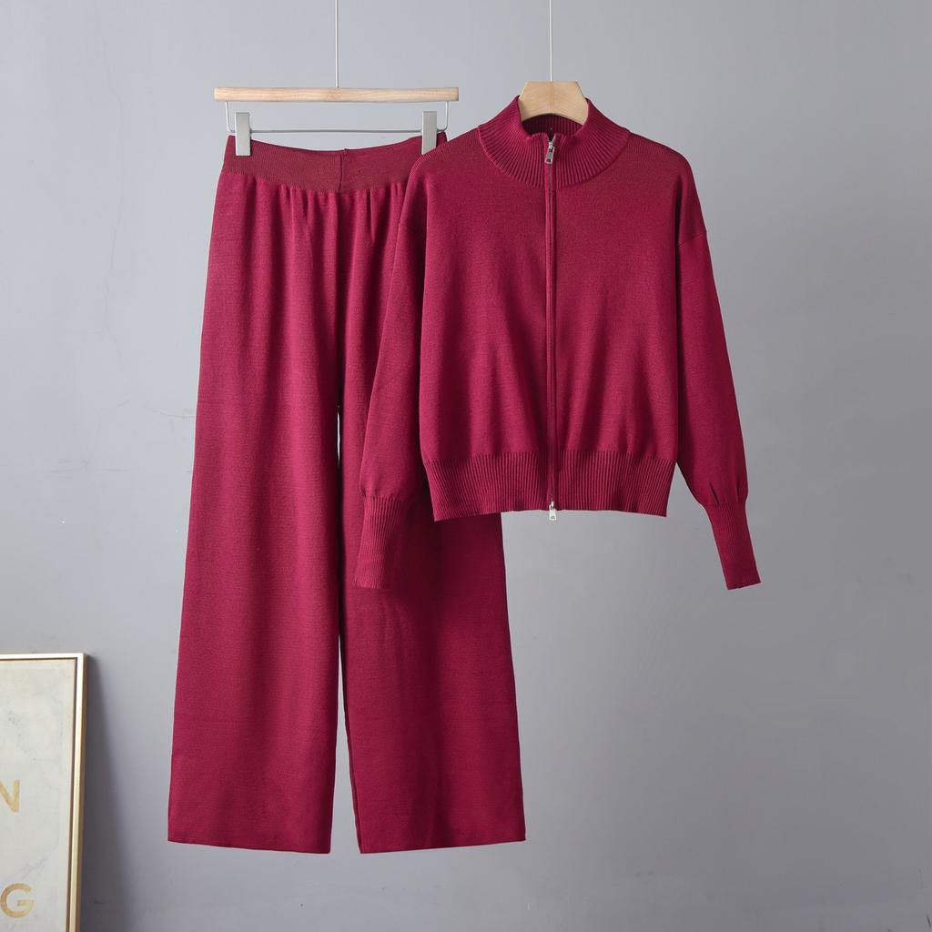 Lazy Wind Casual Knitting Suit Women's Autumn and Winter New Korean Version Crew Neck Zipper Sweater Cardigan Skirt Two-piece Set