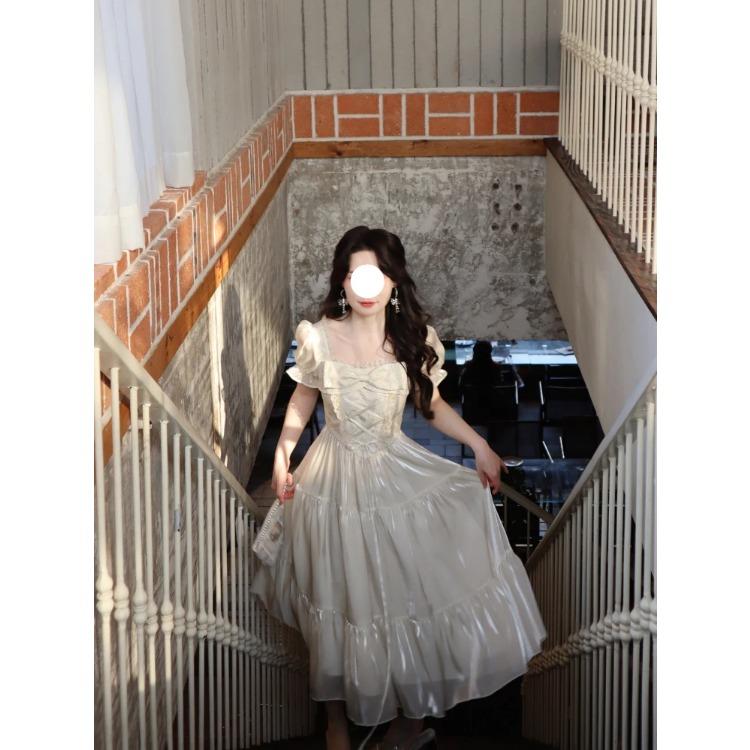 Elegant Dresses for Women Short Sleeve French Style Party Dress Slim Casual Solid Bow Square Collar New Spring Summer Dress