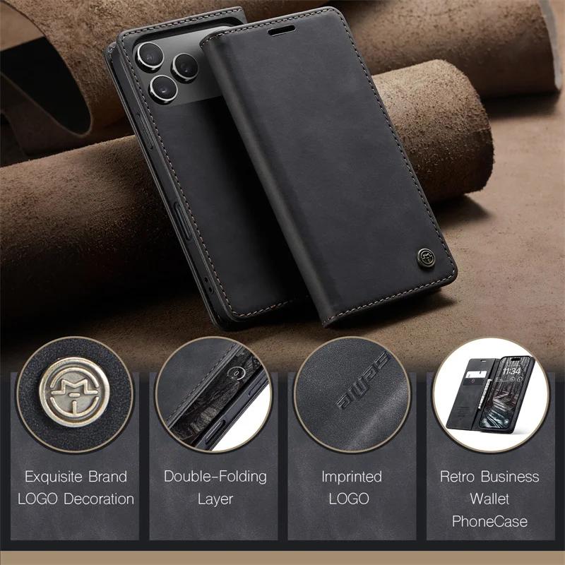 Business Magnetic Flip Leather Phone Case for iPhone 17 16 15 14 Pro Plus Air 16E 13 12 11 Pro Max Kickstand Card Wallet Cover