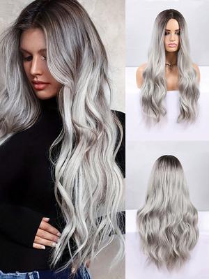 Long Ombre Black Gray Wavy Wig for Women 30 Inch Middle Part Curly Wavy Wig Natural Looking  Wig for Daily Party Use