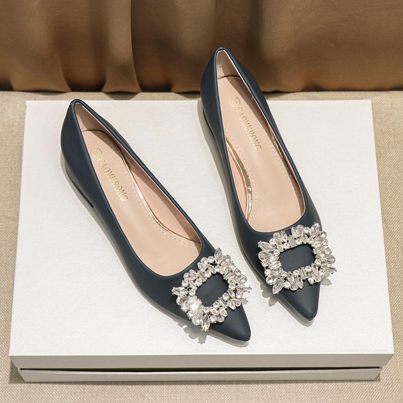 Fashion Classic Rhinestone Buckle Shoes Ladies Low Heel Office Work Tacones Mujer Wedges High Heels Pumps Women Bombas Designer Escarpin