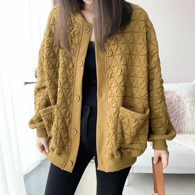Damen Frühling und Herbst Mittellang Einfarbig Schlicht Diamantgitter Mantel Locker Langärmlig Rundhals Baseballjacke