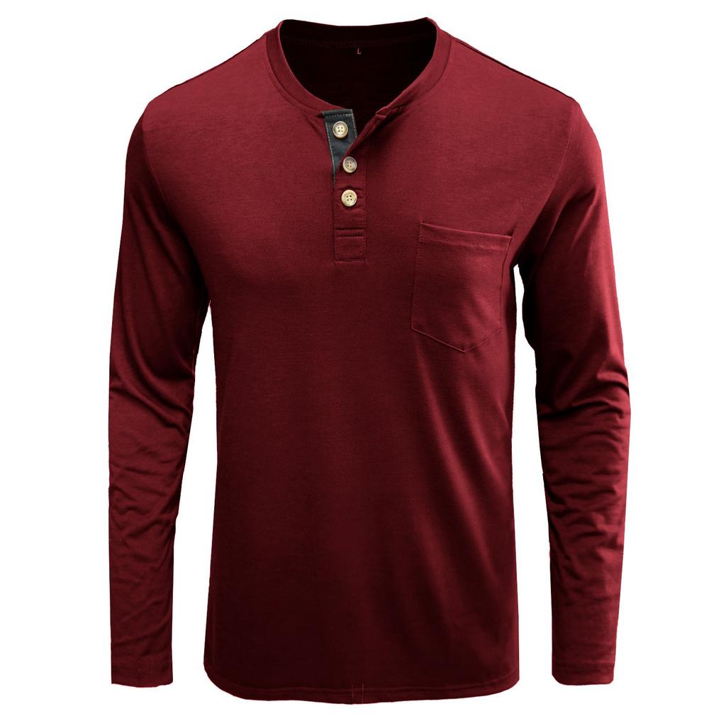 Herbst Winter Herren Langarm Rundhals Einfarbig Tasche Hemd Knöpfe Hals Pullover Oberteil Für