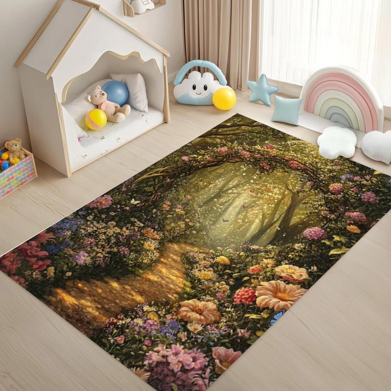 2D Optical Illusion Forest Print Carpet Green Tree Road Nature Pattern Home Decor Rug Soft Non-slip Mat for Living Room Bedroom