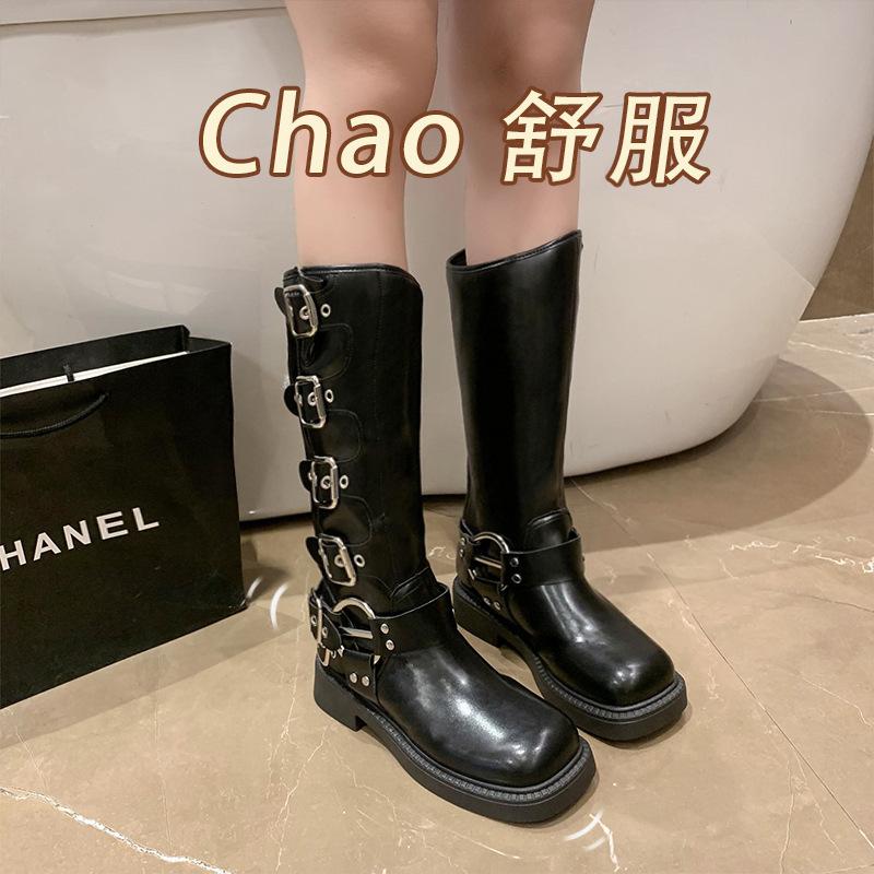 Fashion Platform Combat Boots Zip Chuny Heel Buckle Vintage Fashion Casual Luxury Designer Western Mid Calf Boots Shoes Woman
