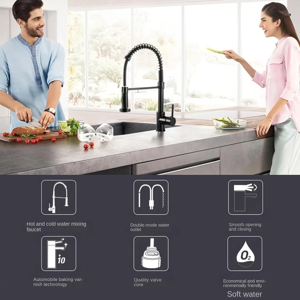 1pc Black Kitchen Hot And Cold Faucet,  Kitchen Faucet Hot And Cold Sink Telescopic Lifting Universal Spring,Rotatable Faucet